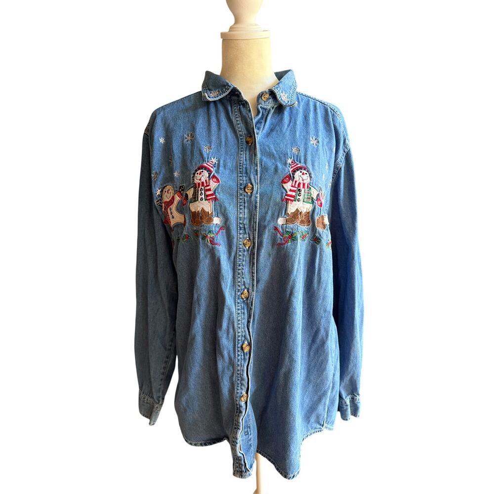 Vintage 90s Bobbie Brooks Size Large Christmas Snowmen Denim Button Up Shirt
